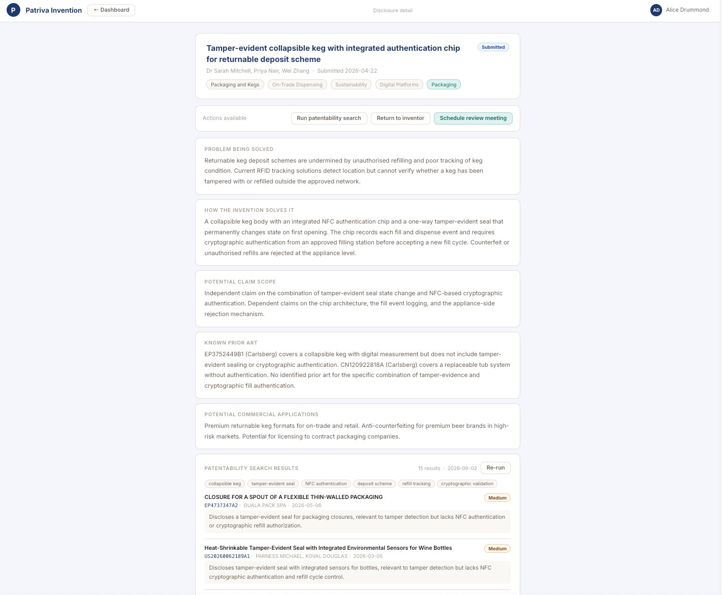 Patriva Invention disclosure detail showing action bar and patentability search results